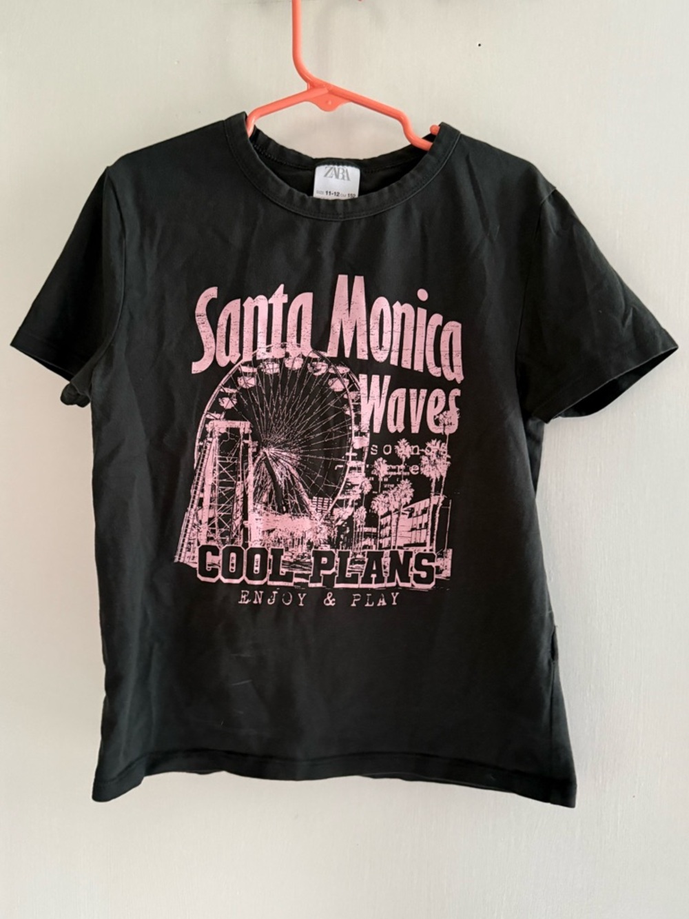 Zara Kids Black Tee with Pink Santa Monica Graphic Size 11-12
